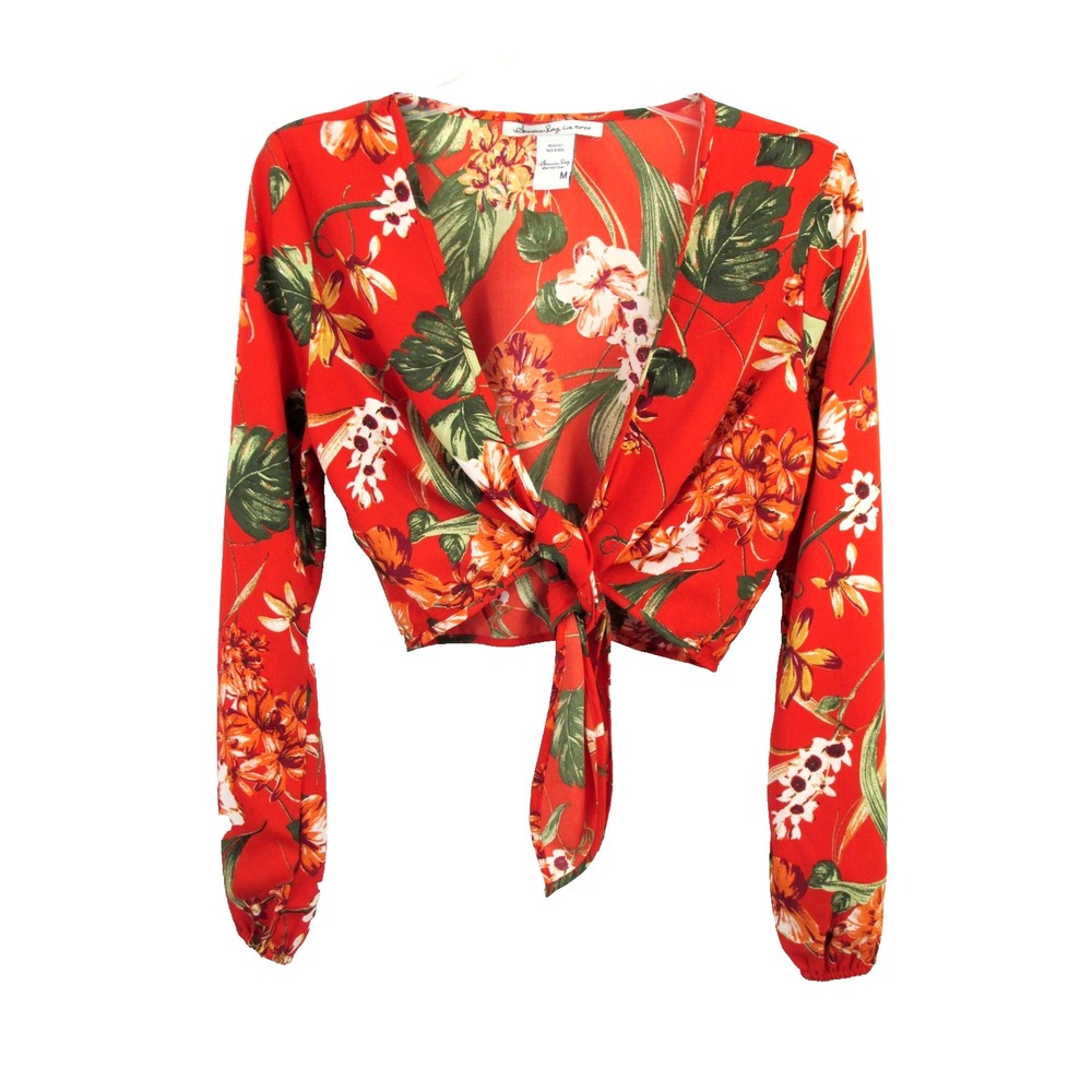 American Rag Orange Floral Tie Front Crop Top V-Neck Boho Tropical Blouse
